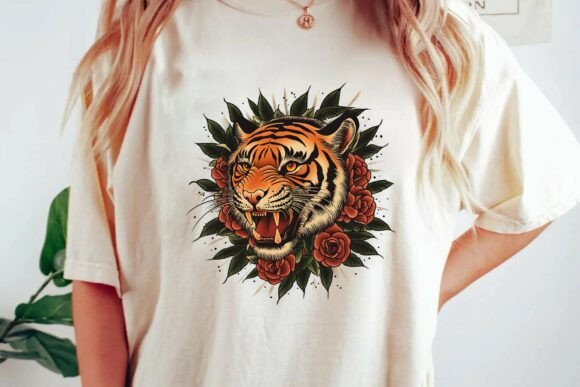 Fierce Tiger & Roses: A Bold Tattoo-Style Graphic for Projects