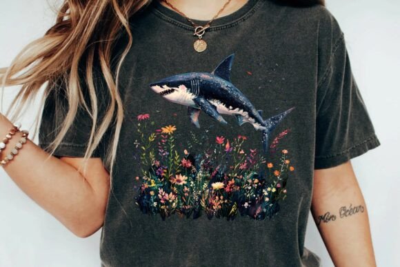 Great White Shark in Wildflower Meadow: Aesthetic Painterly PNG