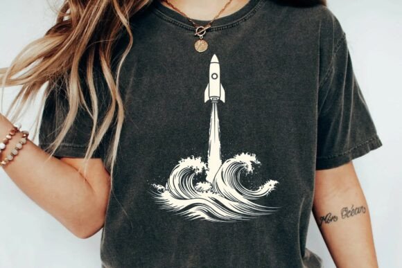 Rocket Ship Launching from Ocean Waves: A Minimalist Space Sea Graphic