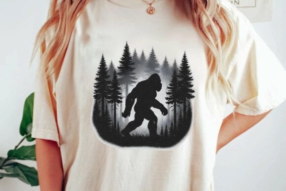 Vintage Bigfoot Sasquatch Silhouette Pine Forest Adventure Graphic