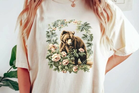 Wildlife Meets Botany: The Vintage Floral Grizzly Bear Design