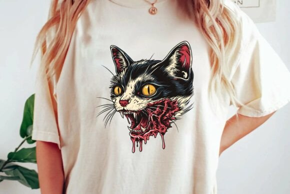 Zombie Tuxedo Cat Horror Halloween Illustration T-Shirt Graphic Png
